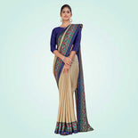 Beige and Navy Blue Women's Premium Manipuri Cotton Plain Gaala Border Showroom Uniform Saree