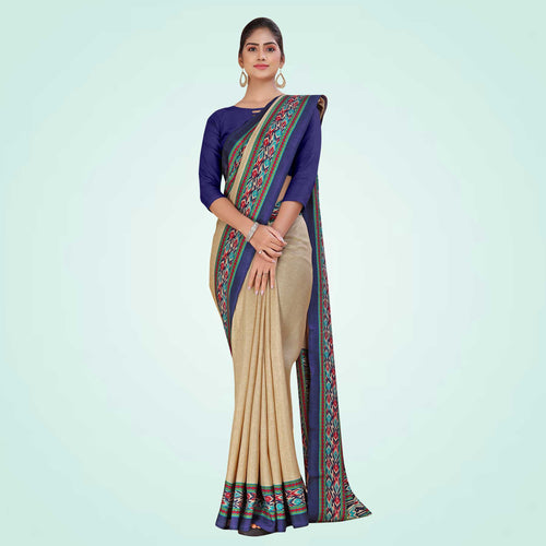 Beige and Black Women's Premium Manipuri Cotton Plain Gaala Border Catering Uniform Saree