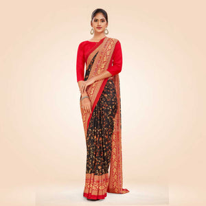 Black and Red Women's Premium Italian Silk Floral Print Housekeeping Uniform Saree