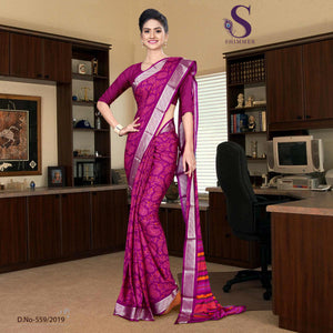 Voilet Purple Silk Crepe Jaquard Border Hospital  Uniform Sarees