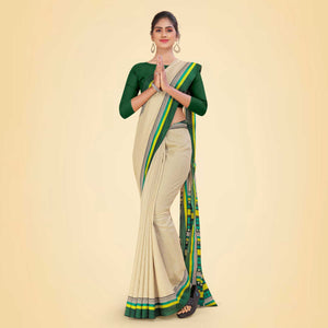 Beige and Bottle Green Women's Premium Manipuri Cotton Plain Gaala Border Front Office Uniform Saree