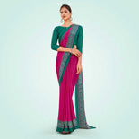 Turquoise and Navy Blue Women's Premium Italian Silk Plain Gaala Border Women's Uniform Saree