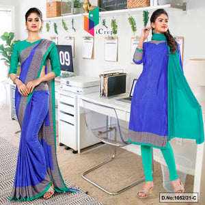 Blue Green Women's Premium Italian Silk Discipline Day Uniform Sarees Salwar Combo For Office Staff