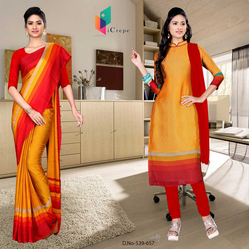 Musterd and Red Women's Premium Silk Chiffon Plain Gala Border Showroom Uniform Sarees Salwar Combo