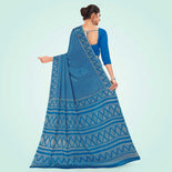 Cobalt Blue Women's Premium Silk Chiffon Ikat Print Women's Uniform Saree