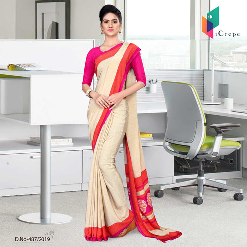 Off White And Pink Italian Crepe Silk Stylish Uniform Sarees