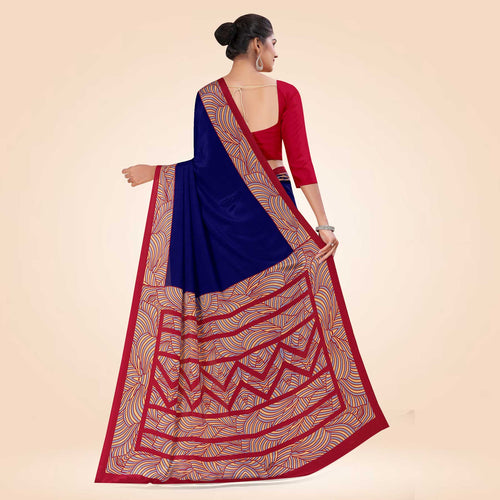 Dark Blue and Navy Blue Women's Premium Italian Silk Plain Gaala Border Industrial Workers Uniform Saree