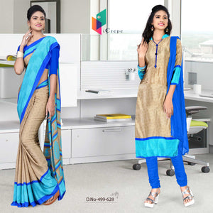 Beige and Blue Women's Premium Italian Silk Eyecatchers Showroom Uniform Sarees Salwar Combo