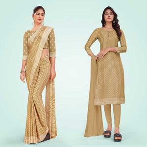 Beige Women's Premium Silk Chiffon Small Butty Housekeeping Uniform Saree Salwar Combo