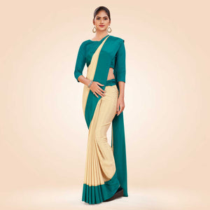 Beige and Teal Blue Women's Premium Silk Chiffon Plain Gaala Border Nurse Uniform Sarees With Blouse Piece