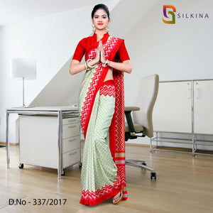 Light Green With Red Border Silk Georgette Uniform Saree