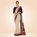 Beige and Navy Blue Women's Premium Manipuri Cotton Plain Gaala Border Housekeeping Uniform Saree