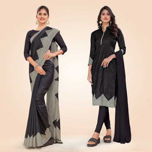 Black Women's Premium Mulberry Silk Plain Gaala Border Anganwadi Workers Uniform Saree Salwar Combo