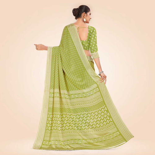 Green Women's Premium Silk Chiffon Small Butty School Teacher Uniform Saree