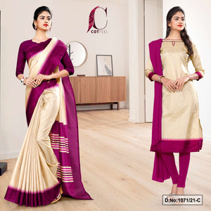 Beige Wine Women's Premium Manipuri Cotton Uniform Sarees Salwar Combo For Teachers Uniform