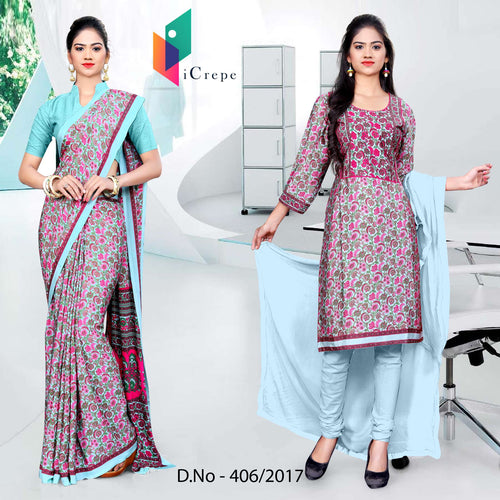 Pink and Sky Blue Women's Premium Italian Silk Floral Print Jewellery Showroom Uniform Sarees Salwar Combo