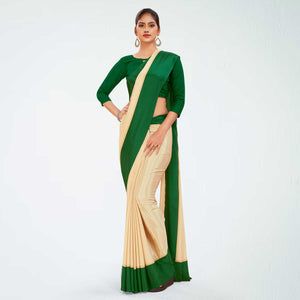 Beige and Bottle Green Women's Premium Silk Chiffon Plain Gaala Border Industrial Uniform Sarees With Blouse Piece