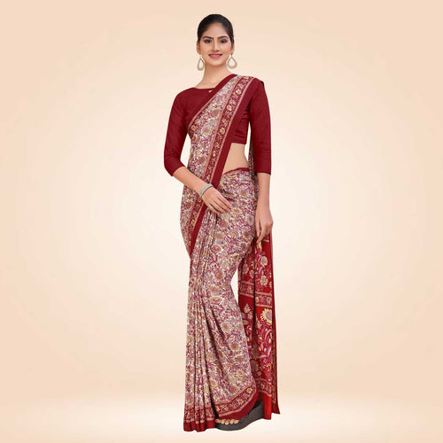 White and Maroon Women's Premium Italian Silk Paisley Print Staff Uniform Sarees With Blouse Piece