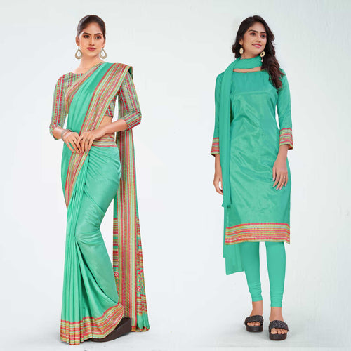 Brownish Grey Women's Premium Mulberry Silk Plain Gaala Border PTM Uniform Saree Salwar Combo