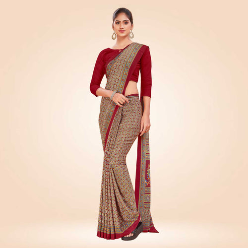 White and Brown Women's Premium Italian Silk Paisley Print Air India Uniform Sarees With Blouse Piece