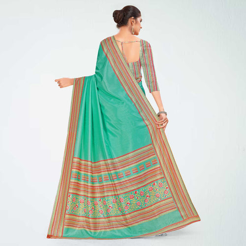 Turquoise Women's Premium Mulberry Silk Plain Gaala Border Taj Hotel Uniform Saree