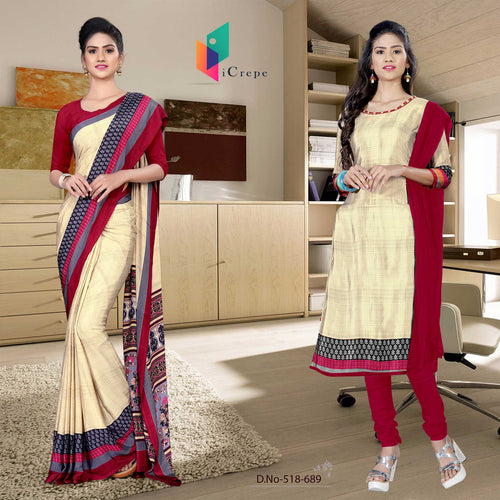 Beige and Wine Women's Premium Italian Silk Eyecatchers Showroom Uniform Sarees Salwar Combo