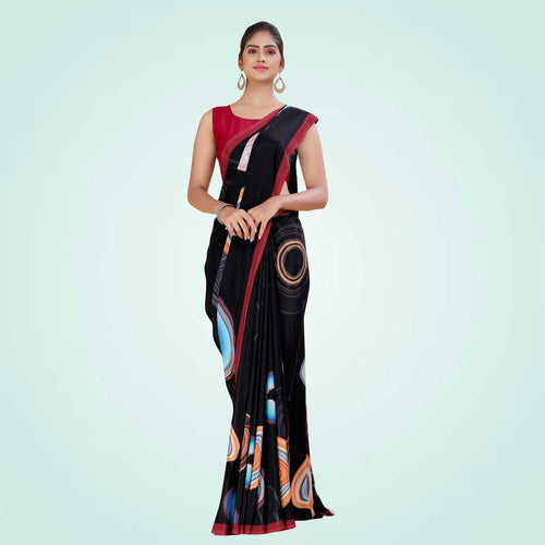 Peach and Navy Blue Women's Premium Italian Silk Digital Print Uniform Sarees for Institutions With Blouse Piece