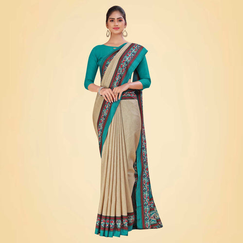 Beige and Turquoise Women's Premium Manipuri Cotton Plain Gaala Border Teachers Uniform Saree