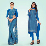 Yellow Women's Premium Silk Chiffon Ikat Print School Uniform Saree Salwar Combo