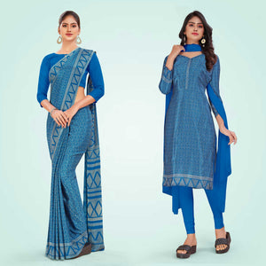 Cobalt Blue Women's Premium Silk Chiffon Ikat Print Women's Uniform Saree Salwar Combo