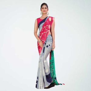 Light Grey and Tomato Red Women's Premium Italian Silk Digital Print Hospital Uniform Sarees With Blouse Piece