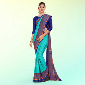 Turquoise and Navy Blue Women's Premium Italian Silk Discipline Day PTM Uniform Saree