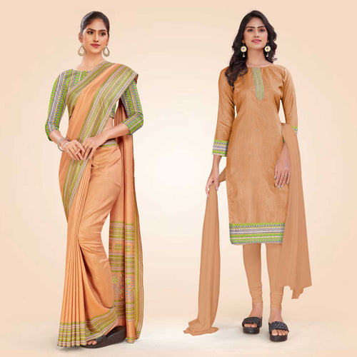 Pistachio Women's Premium Mulberry Silk Plain Gaala Border Teachers Uniform Saree Salwar Combo