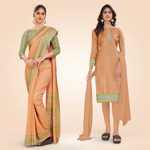 Grey Women's Premium Mulberry Silk Plain Gaala Border Factory Uniform Saree Salwar Combo
