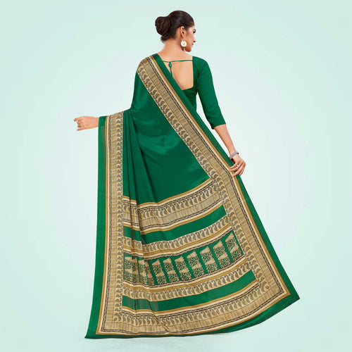 Bottle Green and Beige Women's Premium Italian Silk Plain Gaala Border Staff Uniform Saree