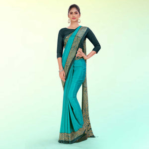 Turquoise and Botlle Green Women's Premium Italian Silk Plain Gaala Border School Teacher Uniform Saree