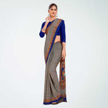 White and Navy Blue Women's Premium Italian Silk Paisley Print Teachers Uniform Sarees With Blouse Piece