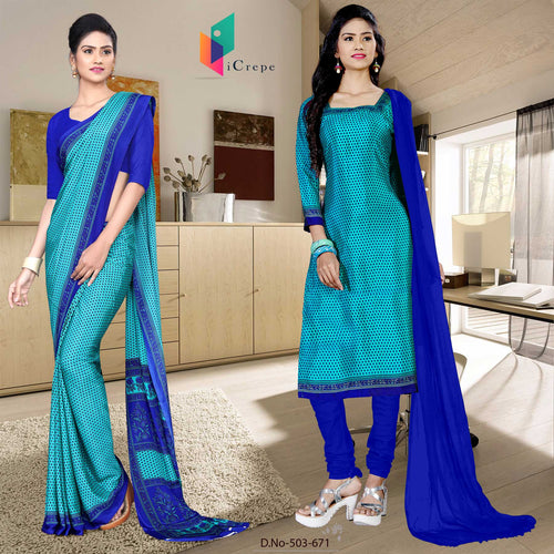 Turquoise and Blue Women's Premium Italian Silk Small Butty Hospital Uniform Sarees Salwar Combo