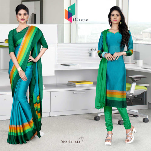 Turquoise and Green Women's Premium Silk Chiffon Plain Gala Border Institute Uniform Sarees Salwar Combo