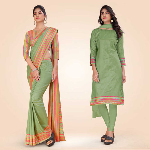 Pistachio Women's Premium Mulberry Silk Plain Gaala Border Teachers Uniform Saree Salwar Combo