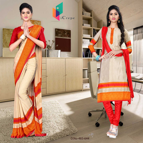 Beige and Red Women's Premium Italian Silk Discipline Day Institute Uniform Sarees Salwar Combo