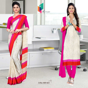 Cream and Pink Women's Premium Italian Silk Discipline Day Teachers Uniform Sarees Salwar Combo