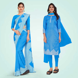 Sky Blue Women's Premium Mulberry Silk Plain Gaala Border SchoolUniform Saree Salwar Combo