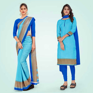 Sky Blue and Royal Blue Women's Premium Manipuri Cotton Plain Gaala Border School Teacher Uniform Saree Salwar Combo