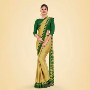 Leaf Green and Mustard Women's Premium Silk Chiffon Plain Gaala Border Teachers Uniform Saree