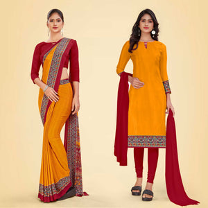 Yellow and Maroon Women's Premium Italian Silk Plain Gaala Border School Uniform Saree Salwar Combo