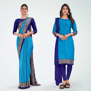 Dark Blue and Navy Blue Women's Premium Italian Silk Plain Gaala Border Industrial Workers Uniform Saree Salwar Combo