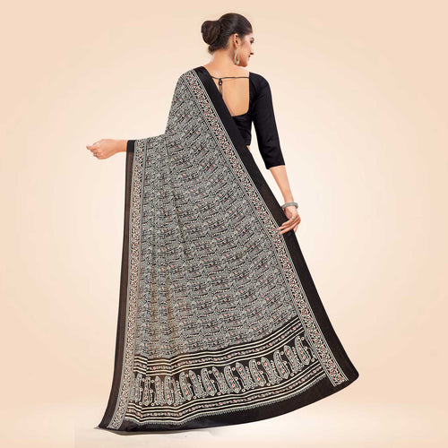 Black Women's Premium Italian Silk Ikat Print Front Office Uniform Saree