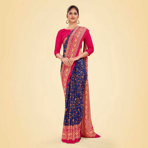 Navy Blue and Rani Pink Women's Premium Italian Silk Floral Print Office Uniform Saree