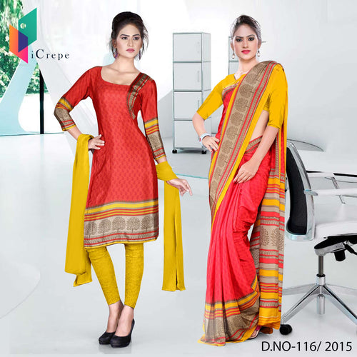 Red and Yellow Women's Premium Italian Silk Eyecatchers Showroom Uniform Sarees Salwar Combo